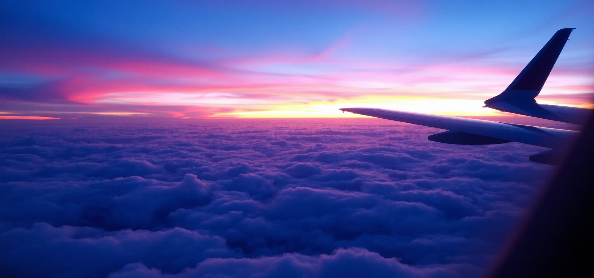 Avião sobrevoando nuvens ao entardecer