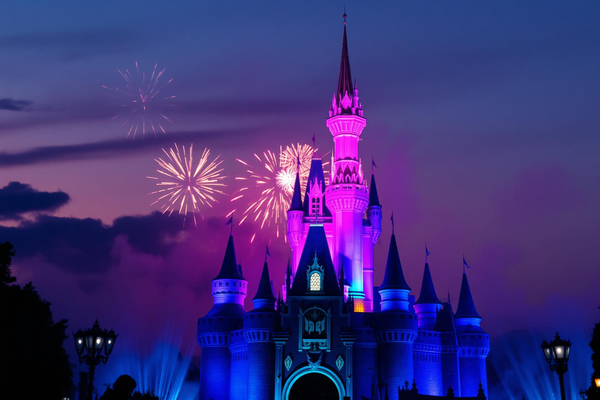 Castelo da Disney iluminado com fogos de artifício ao entardecer